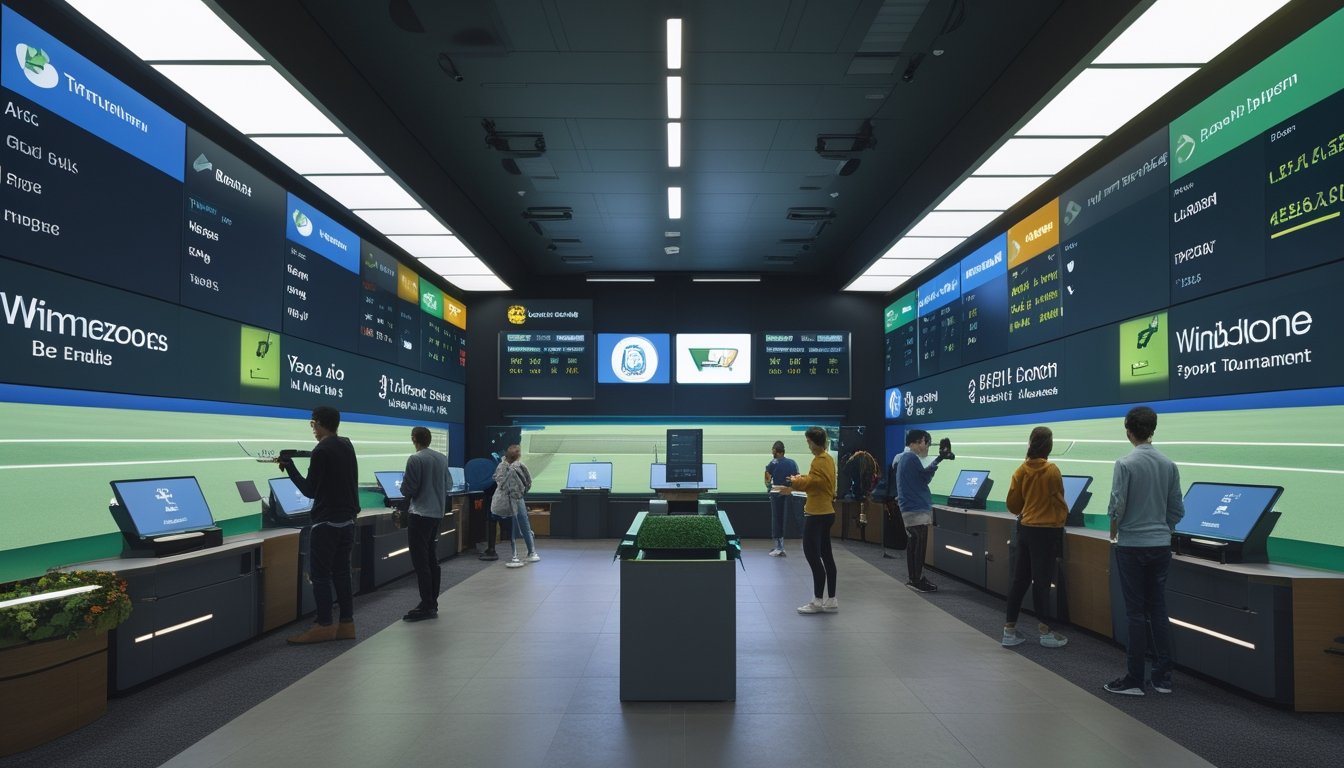 Suasana agen taruhan tenis dengan layar digital menampilkan statistik pertandingan dan orang-orang menggunakan perangkat untuk memasang taruhan.