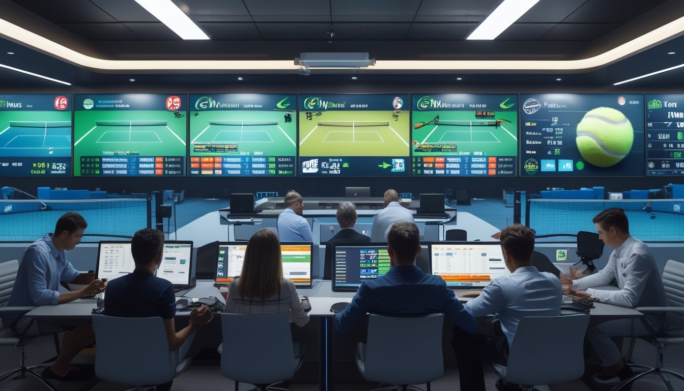 Orang-orang menggunakan perangkat digital di ruang taruhan olahraga dengan layar besar menampilkan pertandingan tenis dari Wimbledon, US Open, dan ATP Tour.