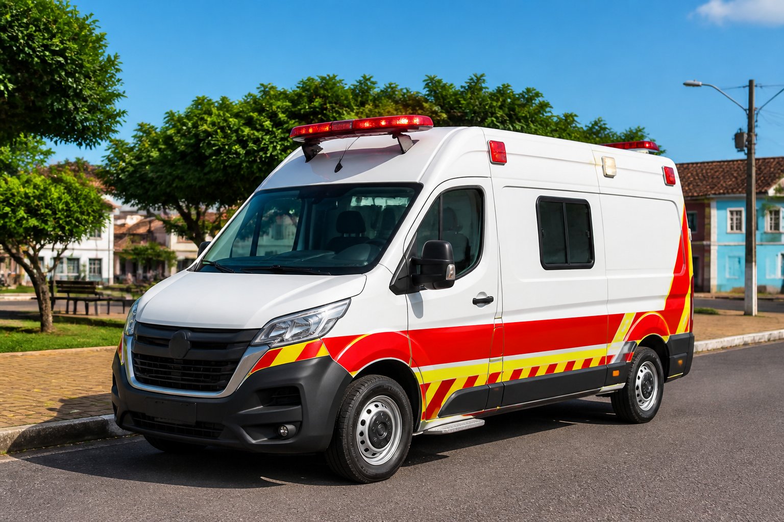 Ambulância em Guamiranga: Serviços de Emergência Médica e Transporte de Pacientes na Região Ambulância branca com marcações vermelhas e amarelas estacionada em uma rua limpa em Guamiranga, com árvores e prédios ao fundo.