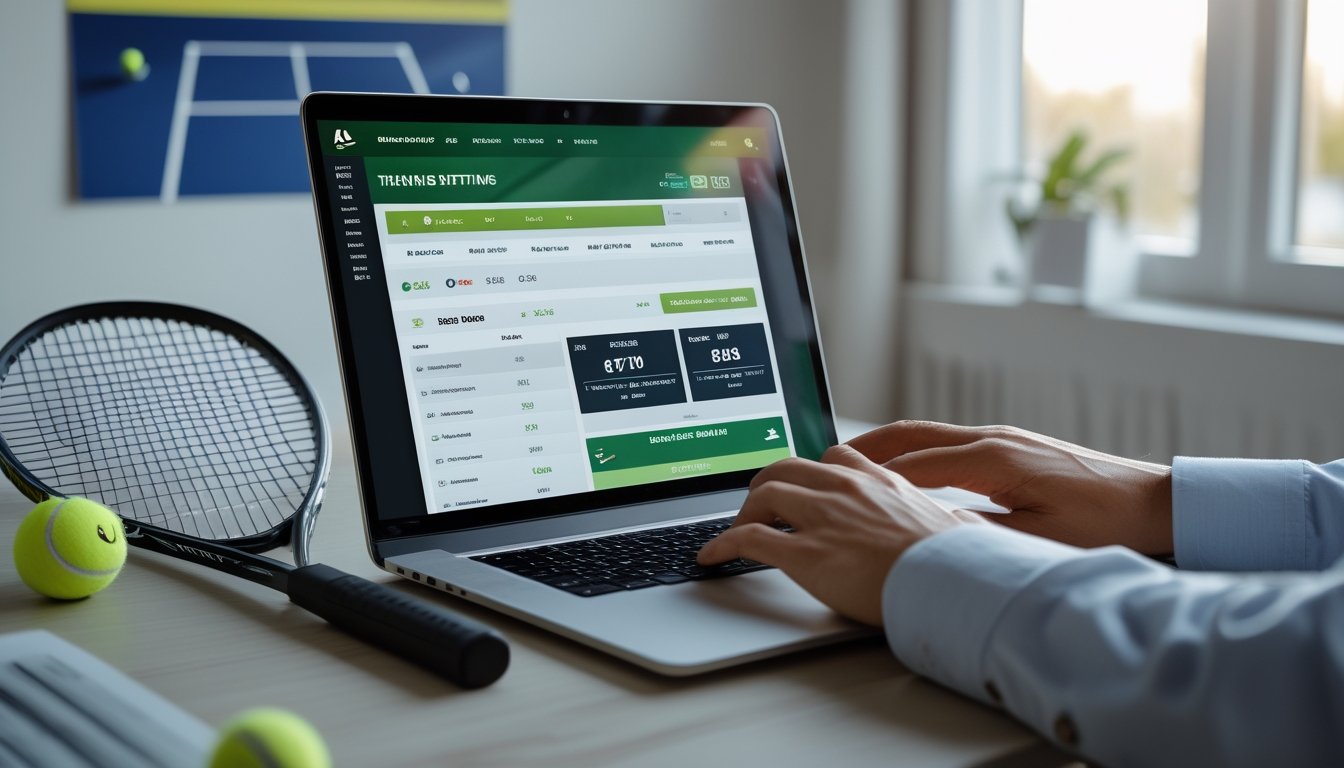 Seorang pria menggunakan laptop di meja dengan raket tenis dan bola tenis di sampingnya, menunjukkan aktivitas taruhan tenis online.