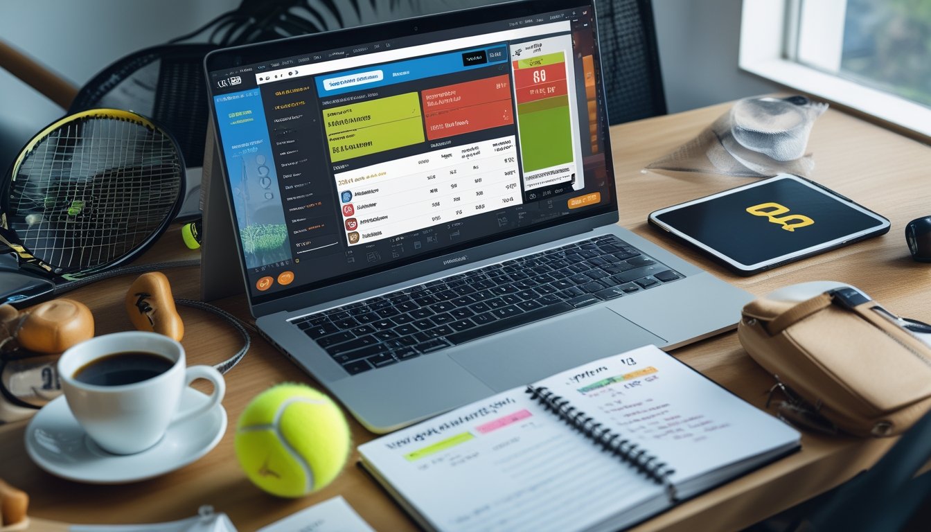 Meja kerja dengan laptop yang menampilkan situs taruhan tenis online, bola tenis, raket, dan ponsel dengan aplikasi taruhan.