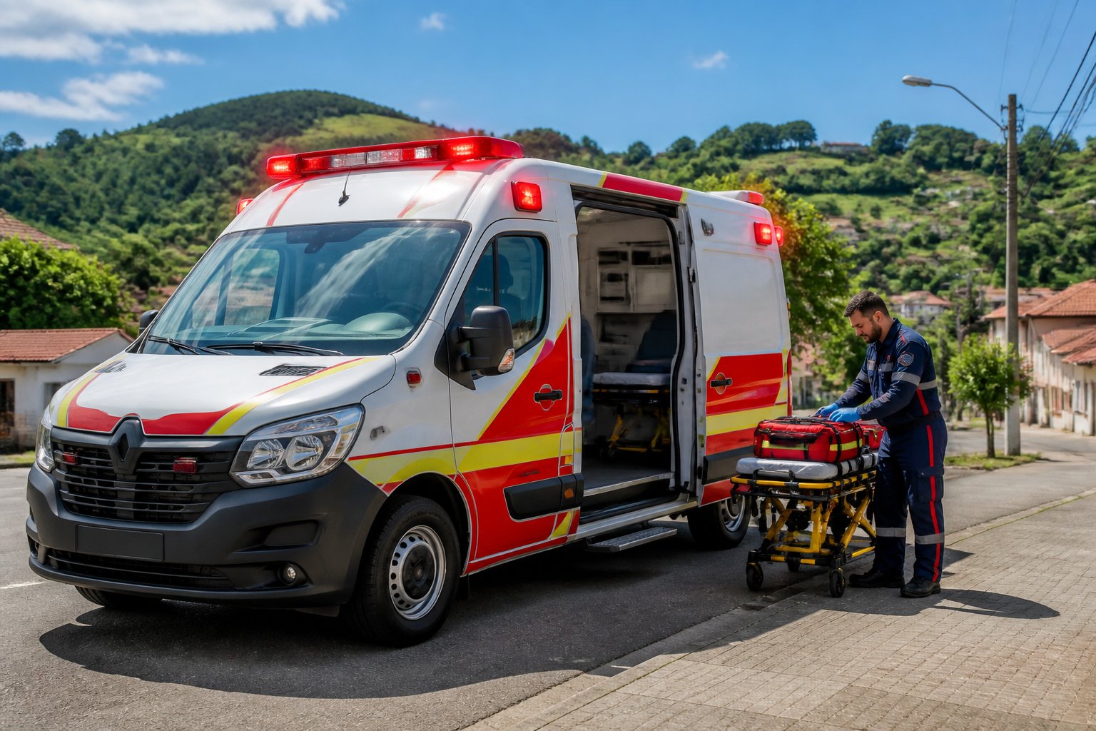 Ambulância em Guamiranga: Serviços de Emergência Médica e Transporte de Pacientes na Região Ambulância branca estacionada em uma estrada com colinas verdes ao fundo e um paramédico preparando equipamentos ao lado do veículo.