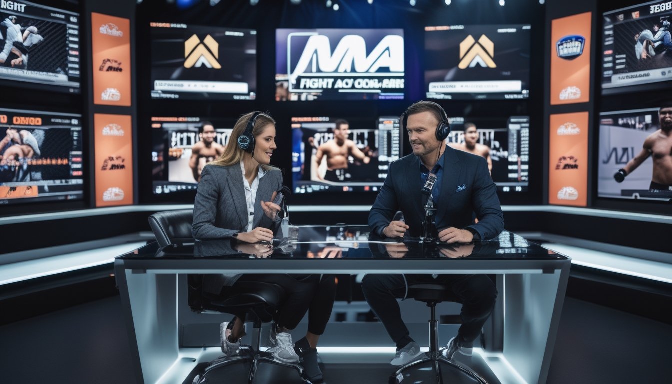 Dua analis olahraga sedang membahas pertandingan MMA terbaru di sebuah studio dengan monitor menampilkan rekaman pertarungan dan statistik petarung.