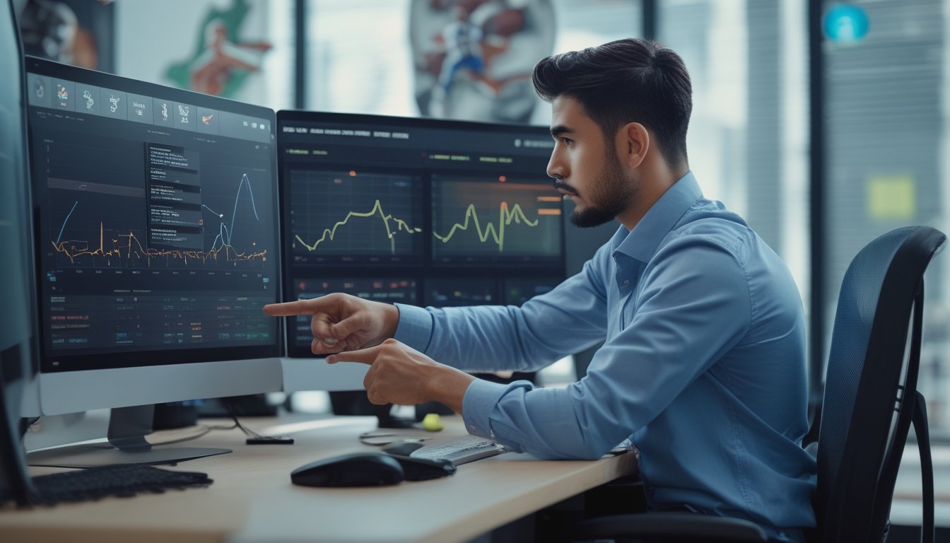 Seorang analis olahraga sedang mempelajari statistik petarung MMA di layar komputer dalam ruangan kantor modern.