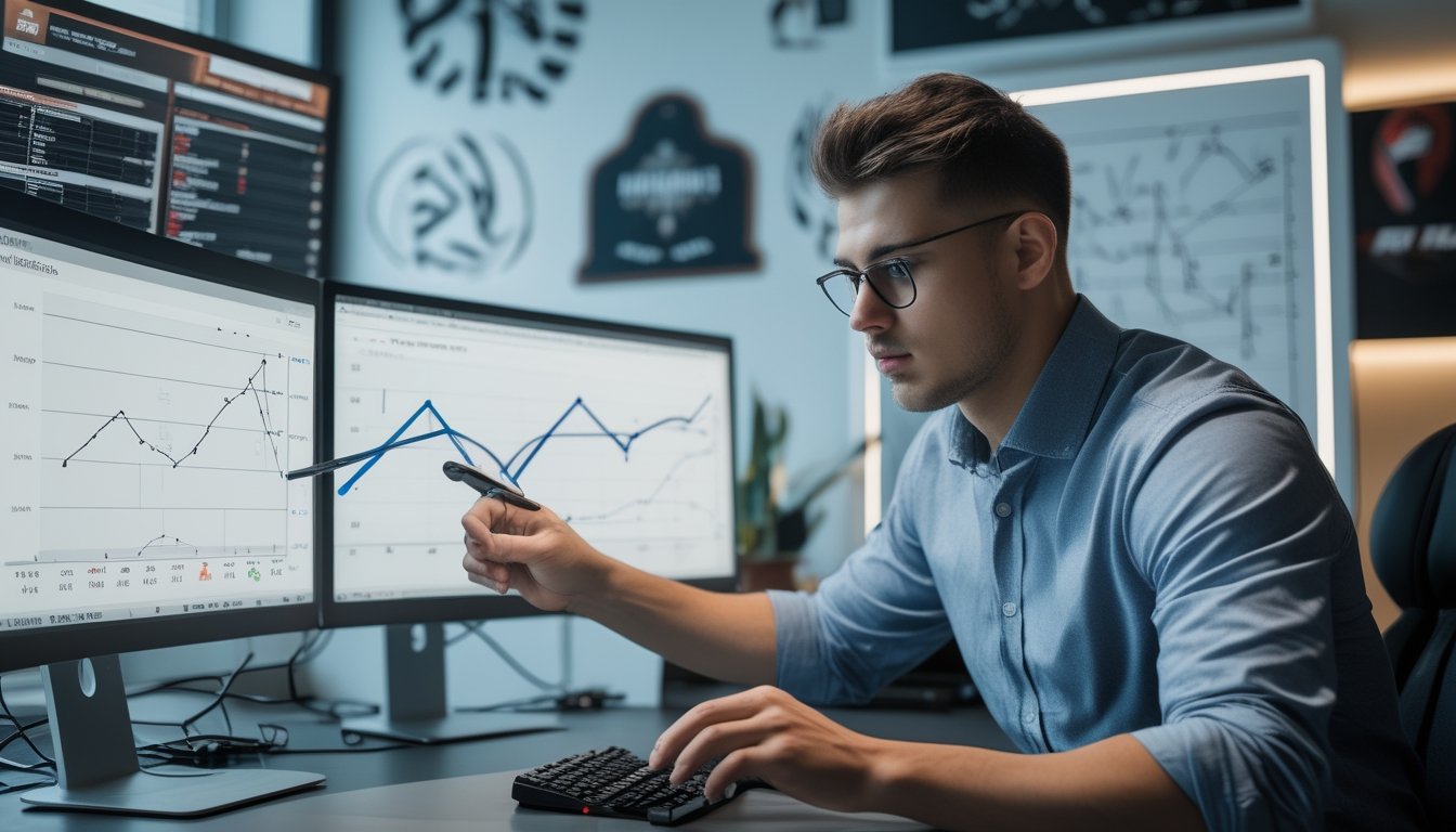 Seorang analis olahraga sedang memeriksa data statistik petarung MMA di beberapa layar komputer di kantor modern.
