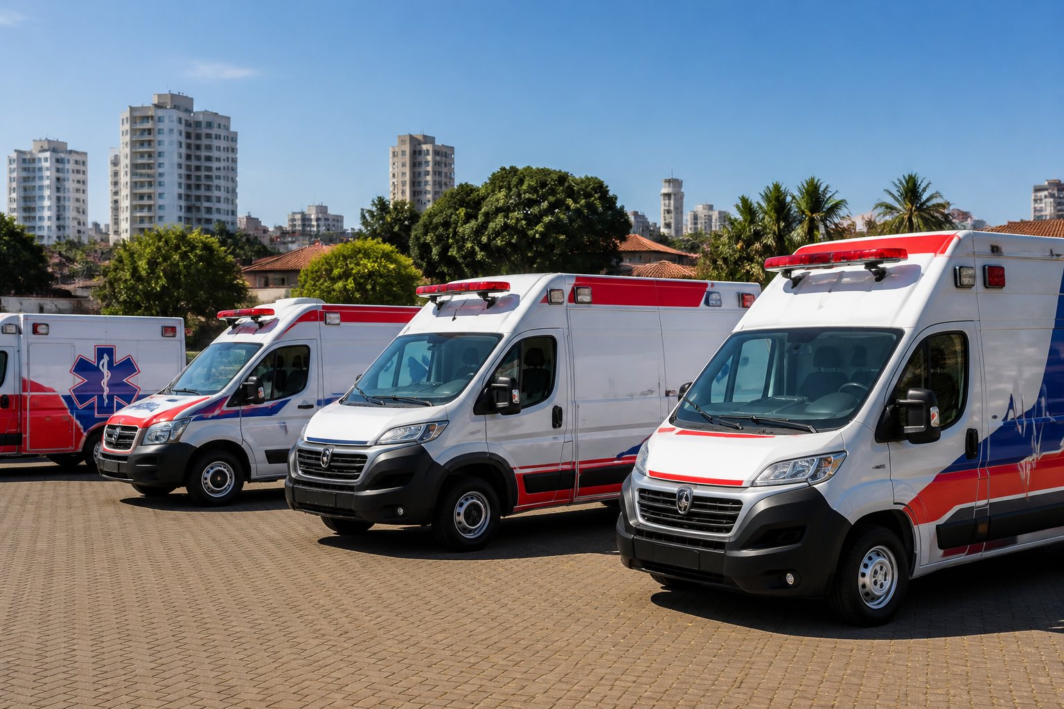 Ambulância em Ipiranga: Serviços de Emergência Médica Rápidos e Confiáveis na Região Vários tipos de ambulâncias modernas estacionadas em área externa com edifícios e árvores ao fundo.