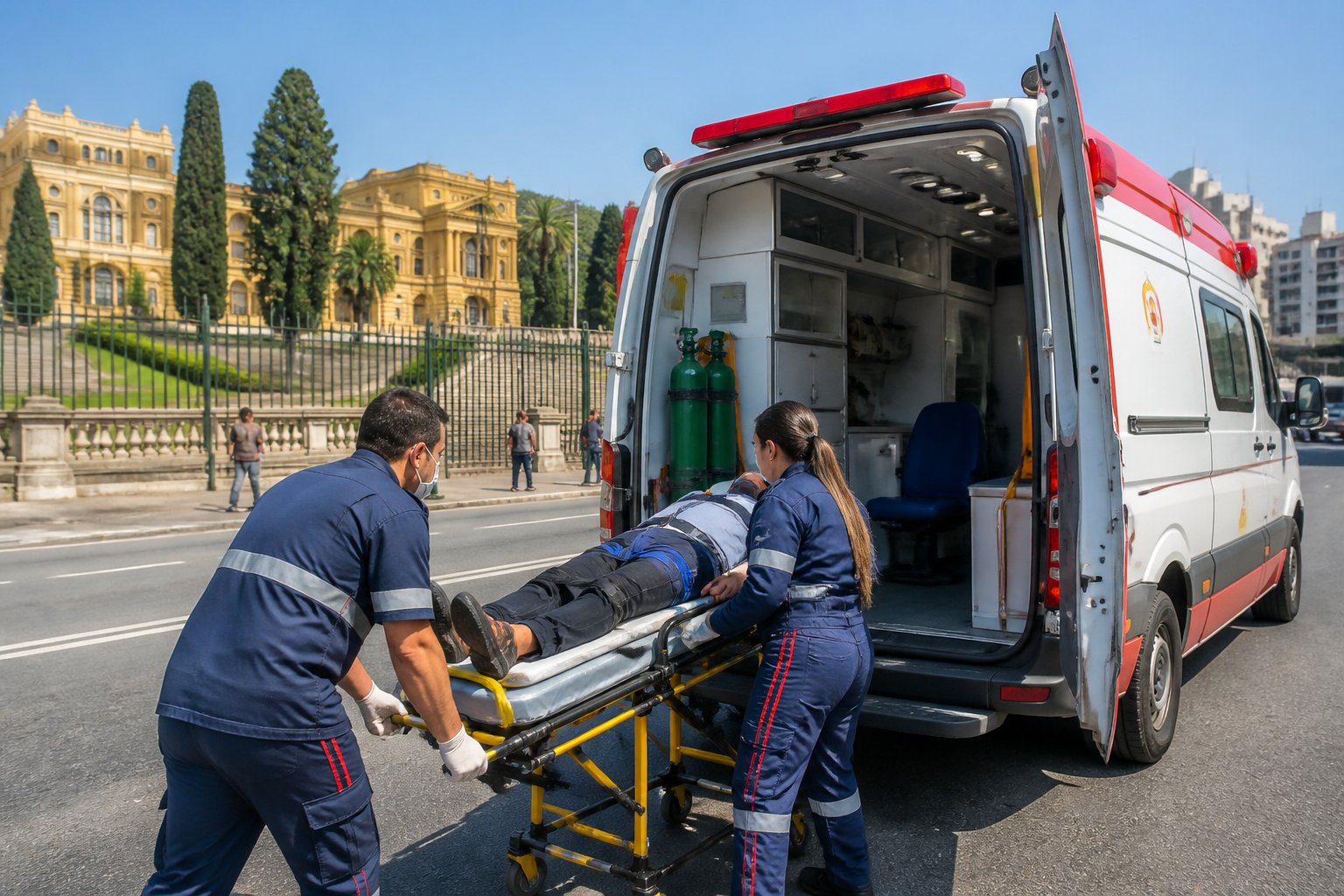 Ambulância em Ipiranga: Serviços de Emergência Médica Rápidos e Confiáveis na Região Ambulância estacionada em uma rua do Ipiranga com paramédicos atendendo um paciente em uma maca ao lado do veículo.