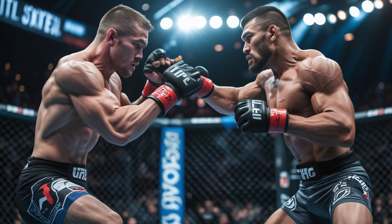 Dua petarung MMA profesional sedang bertarung di dalam kandang octagon dengan penonton dan lampu arena di latar belakang.