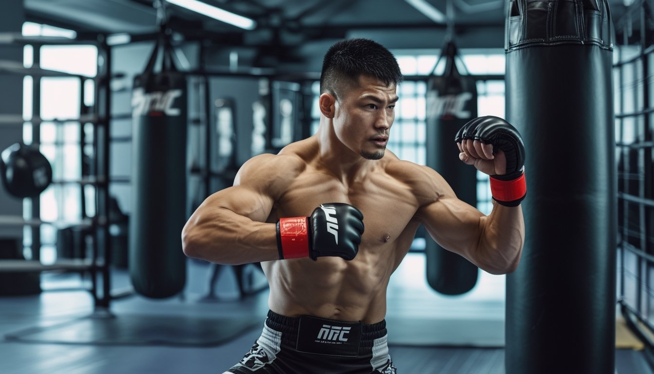 Seorang petarung MMA pria sedang berlatih memukul tas tinju di dalam gym MMA.