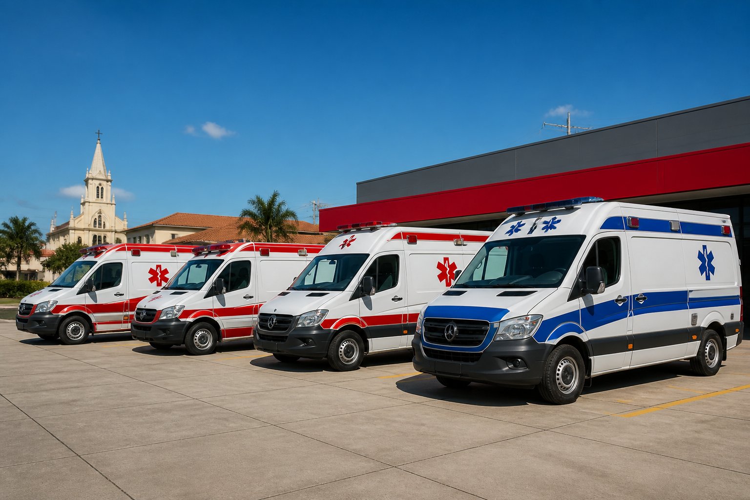 Frota de ambulâncias estacionadas em frente a um centro de saúde em Ivaí durante o dia.