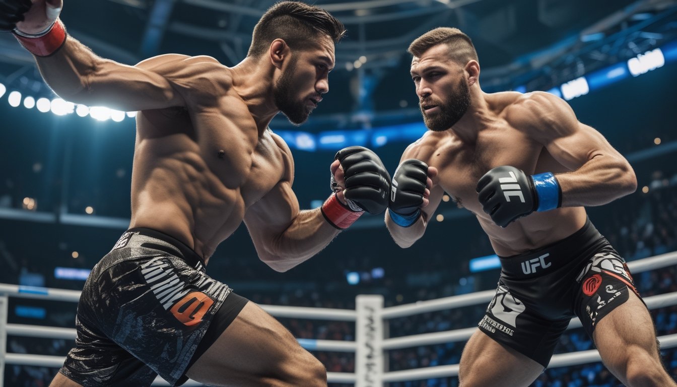 Dua petarung MMA sedang bertarung di dalam arena dengan penonton di latar belakang.