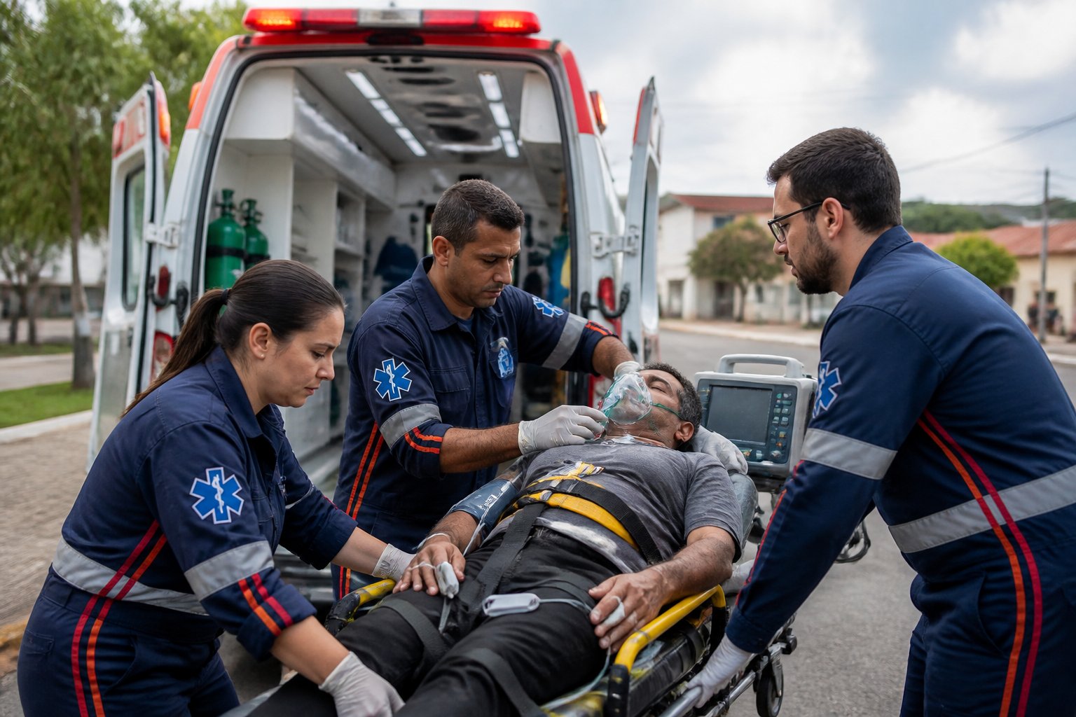 Profissionais de saúde atendendo um paciente em uma ambulância estacionada em Ivaí.