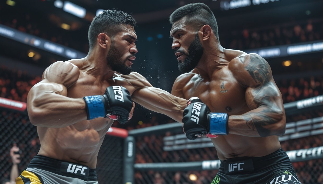 Dua petarung MMA sedang bertarung sengit di dalam kandang octagon dengan penonton di latar belakang.