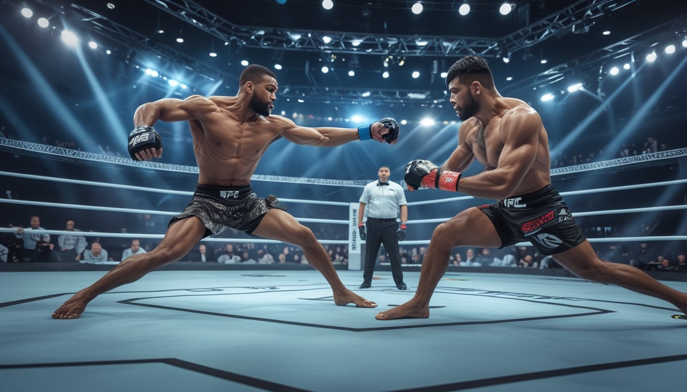 Dua petarung MMA sedang bertarung sengit di dalam kandang octagon dengan penonton dan wasit di latar belakang.