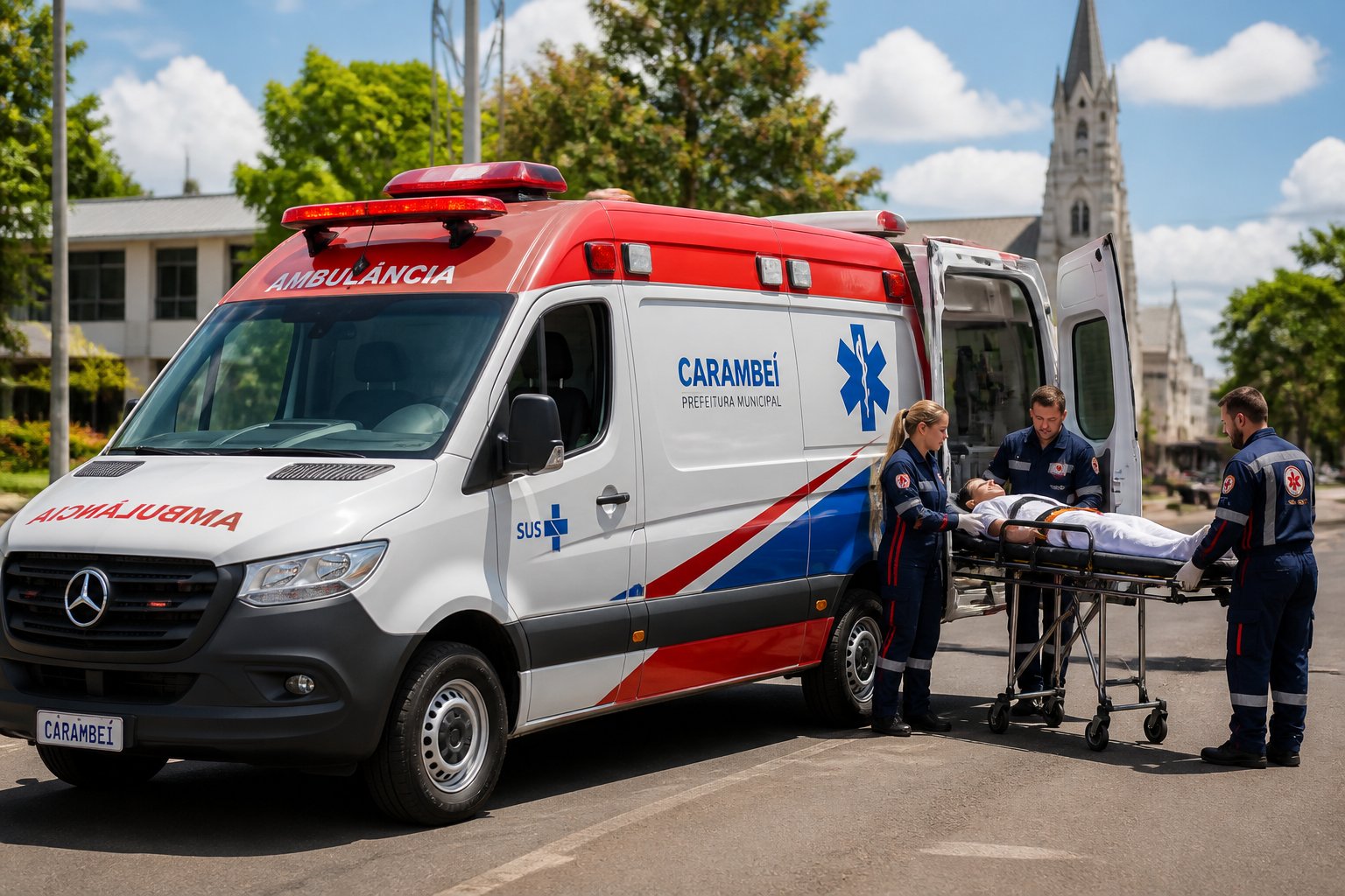 Ambulância moderna estacionada em uma rua urbana de Carambeí com paramédicos próximos, prontos para atendimento.
