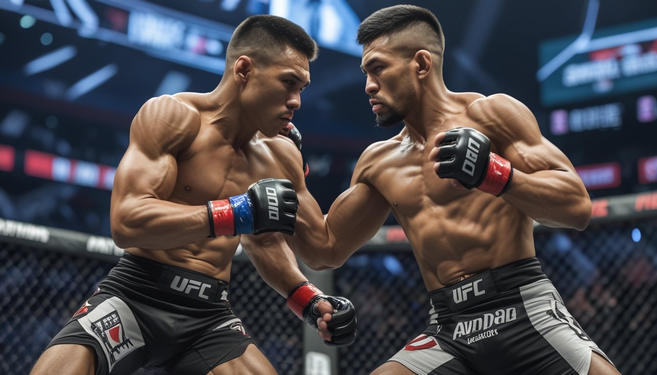 Dua petarung MMA kelas berat ringan sedang bertarung di dalam kandang octagon dengan satu melakukan tendangan dan yang lain mencoba teknik grappling.