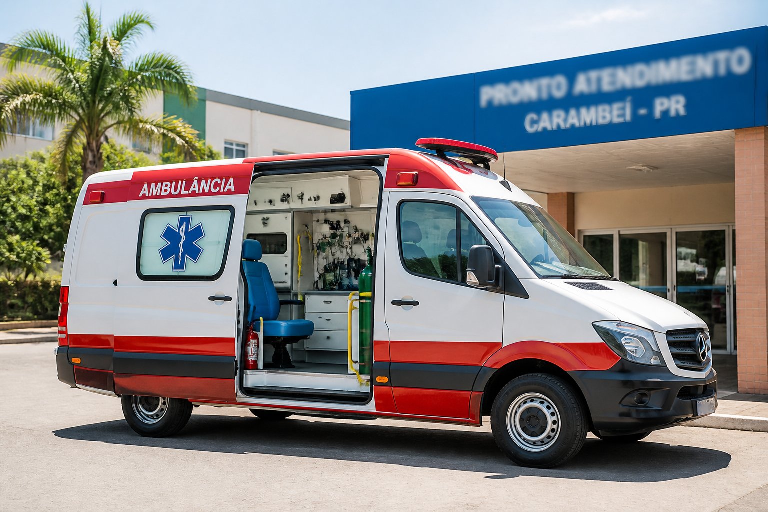 Ambulância moderna estacionada em frente a uma unidade de saúde em Carambeí, com equipamentos médicos visíveis e área ao redor bem cuidada.