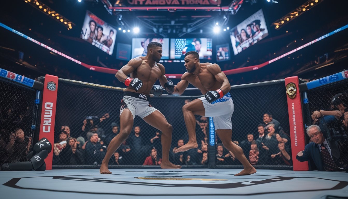 Dua petarung MMA sedang bertanding di dalam kandang oktagon dengan penonton ramai di sekitar mereka.