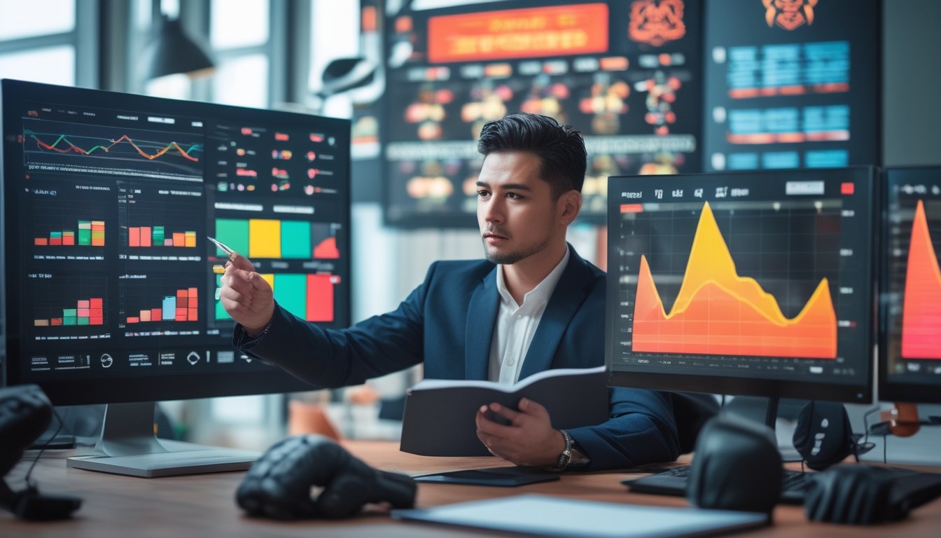 Seorang analis olahraga sedang memeriksa data dan grafik pertarungan MMA di beberapa layar komputer dalam ruangan kantor.