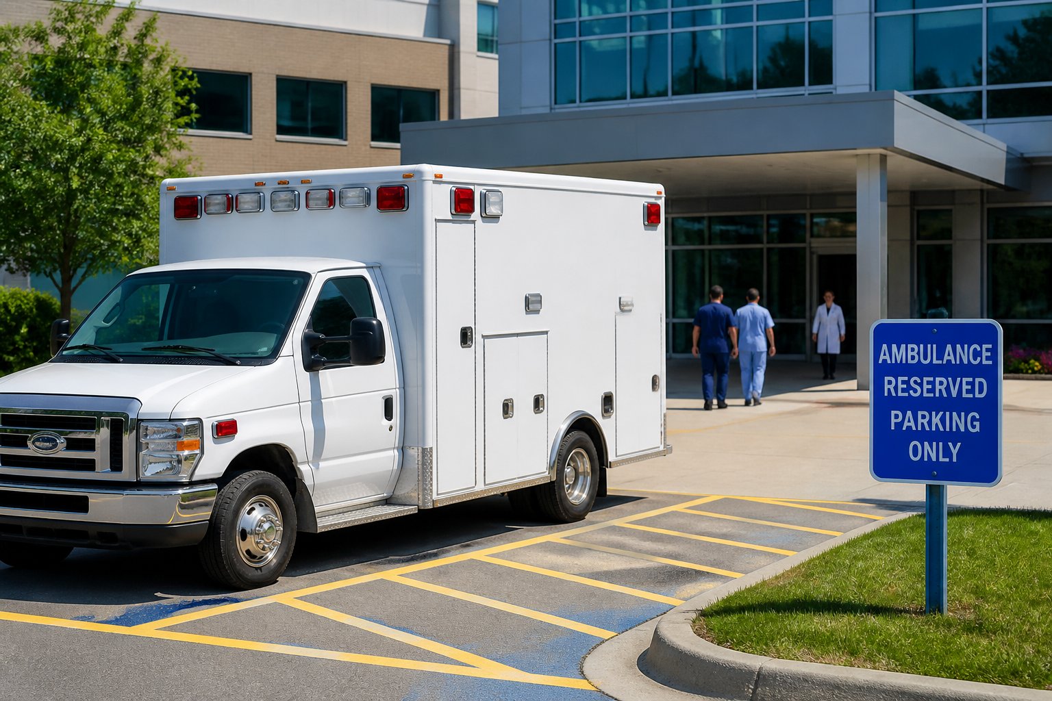 Ambulância estacionada em área reservada para emergência próxima à entrada de um hospital, com profissionais da saúde ao fundo.