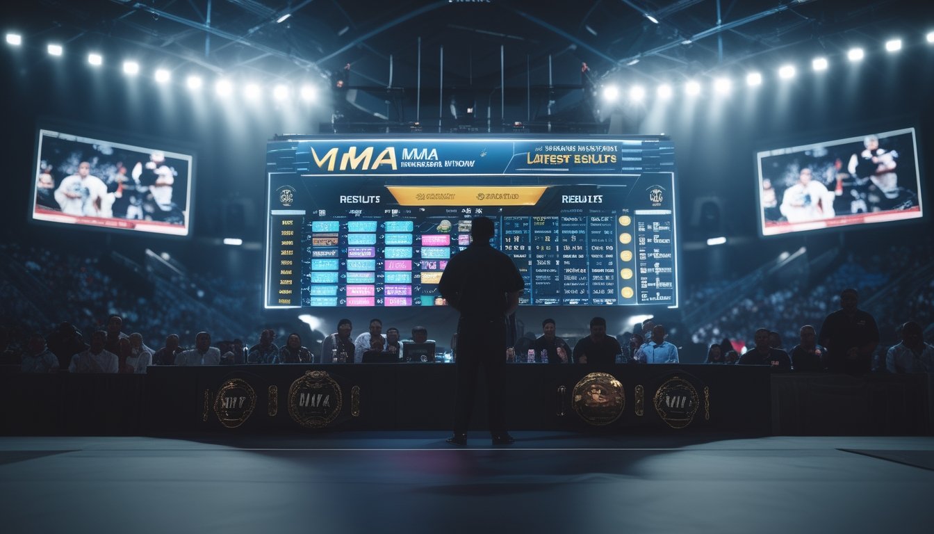 Papan jadwal pertandingan MMA internasional dengan hasil terbaru di arena olahraga yang ramai.