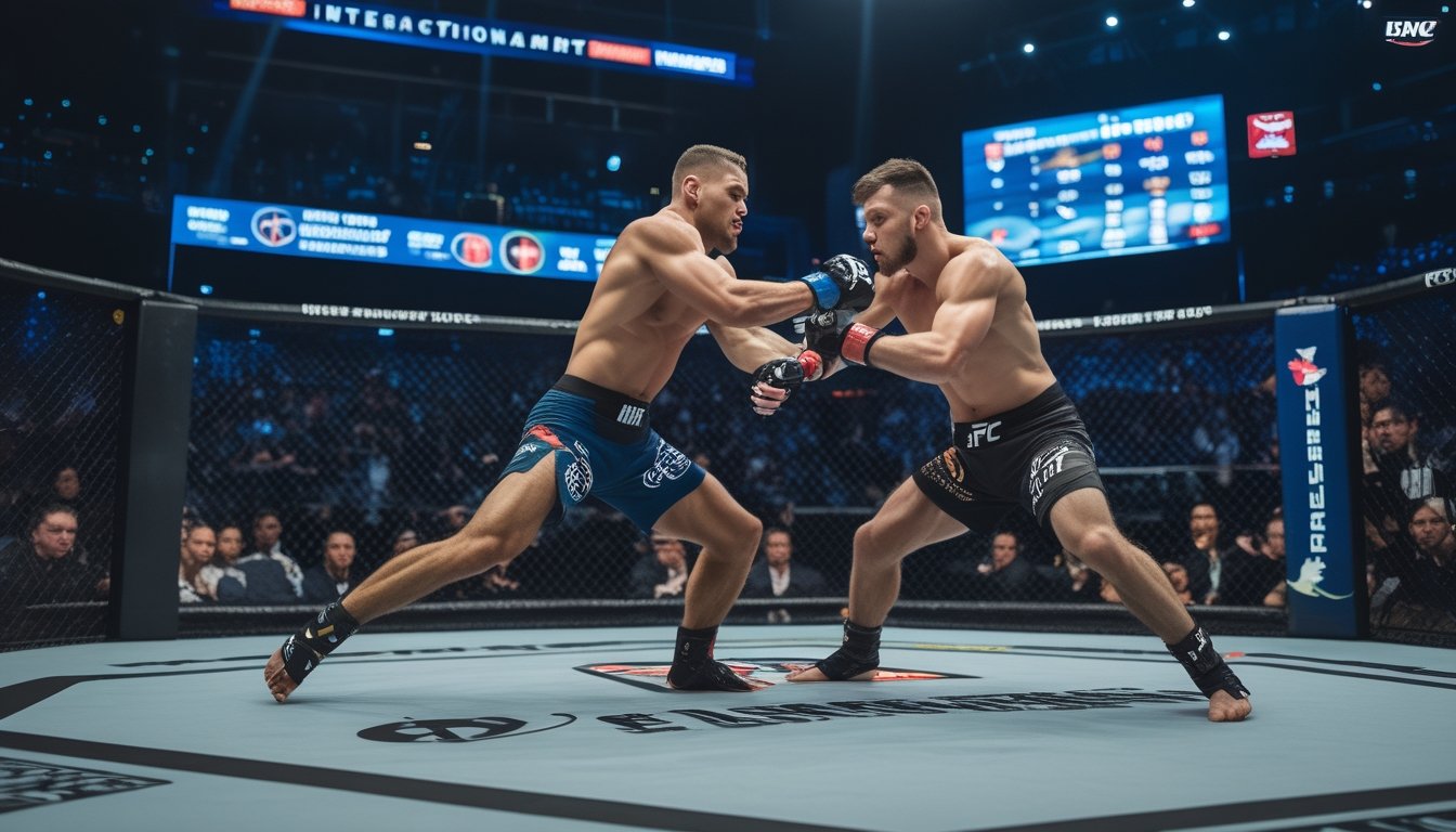 Dua petarung MMA sedang bertarung di dalam kandang octagon di depan penonton yang ramai dalam sebuah pertandingan kejuaraan internasional.