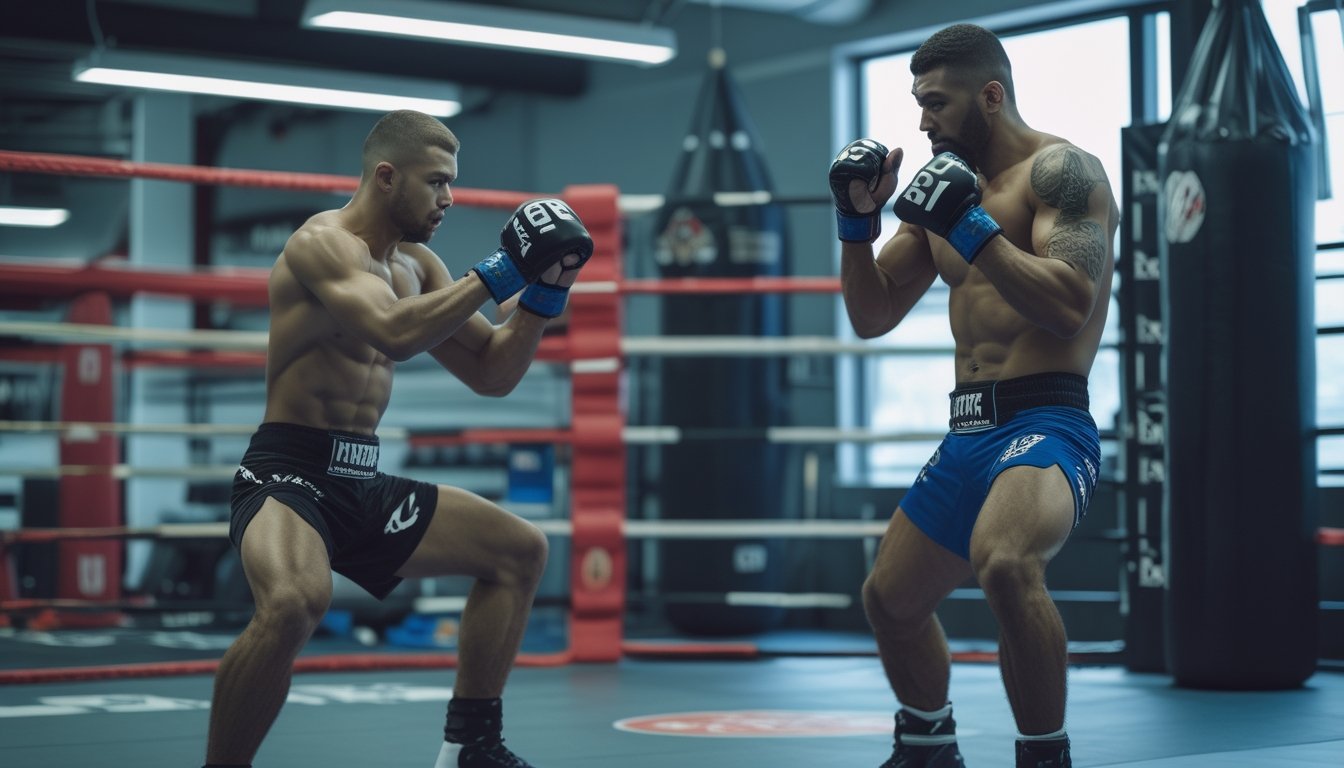 Dua petarung MMA sedang berlatih teknik dasar di gym dengan peralatan latihan di latar belakang.