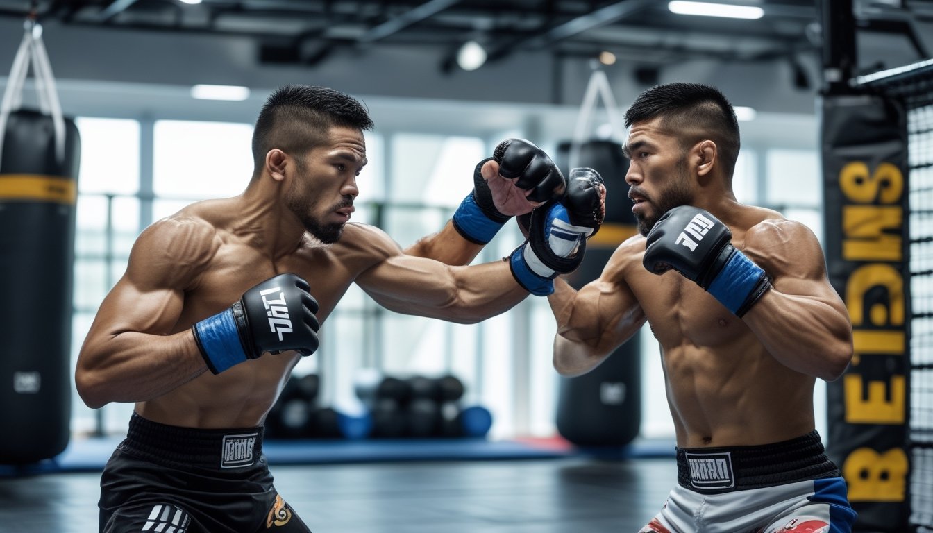 Dua petarung MMA berlatih teknik pukulan dasar di dalam gym MMA dengan peralatan latihan lengkap.
