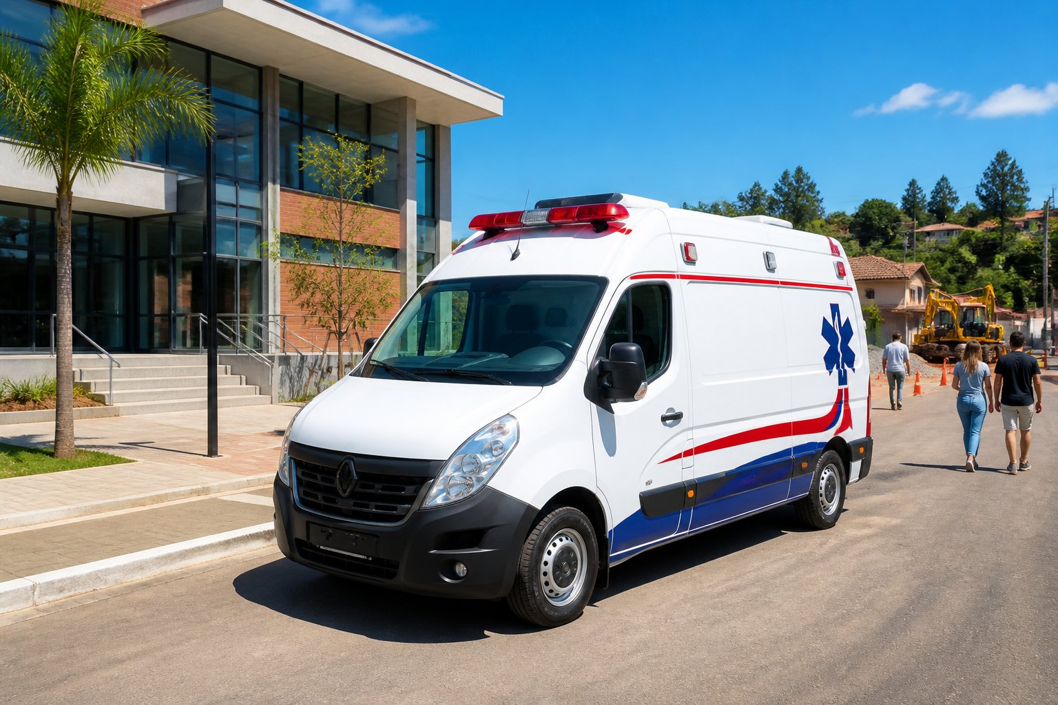 Ambulância em Piraí do Sul: Serviços de Emergência e Atendimento Médico na Região Uma ambulância nova estacionada em frente a um prédio municipal em Piraí do Sul, com pessoas ao redor e sinais de melhorias na área.