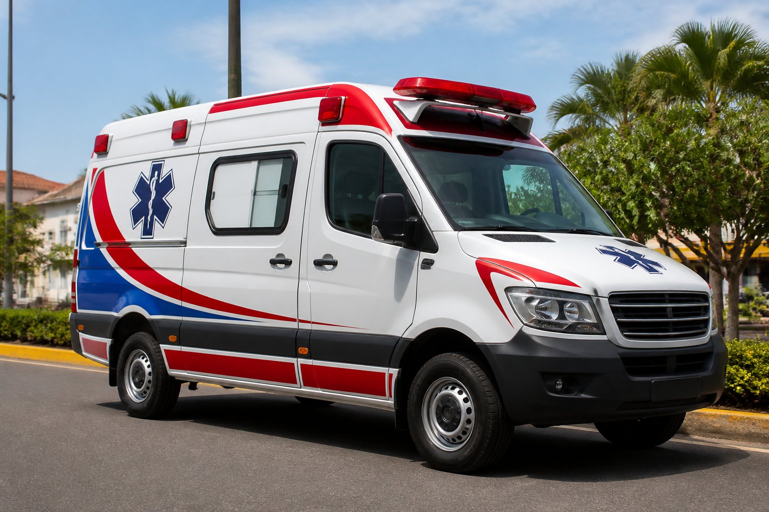 Ambulância em Piraí do Sul: Serviços de Emergência e Atendimento Médico na Região Ambulância moderna estacionada em uma rua limpa em Piraí do Sul, com céu claro e vegetação ao fundo.