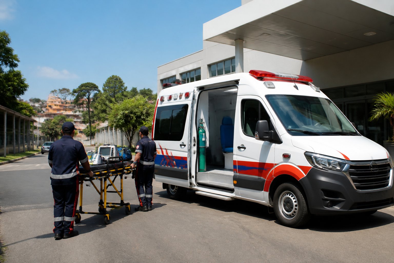 Ambulância moderna estacionada em frente a um hospital em Tibagi, com profissionais de saúde próximos, em um ambiente urbano durante o dia.