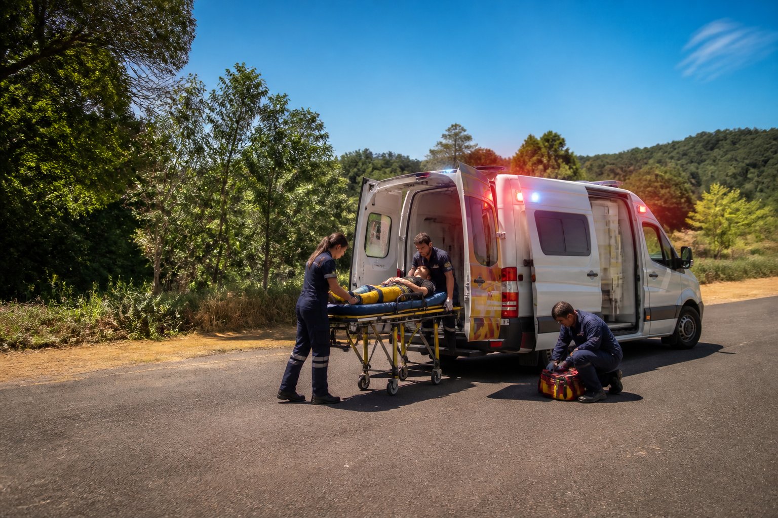 Uma ambulância estacionada em uma estrada cercada por árvores verdes, com paramédicos ao lado preparando equipamentos.