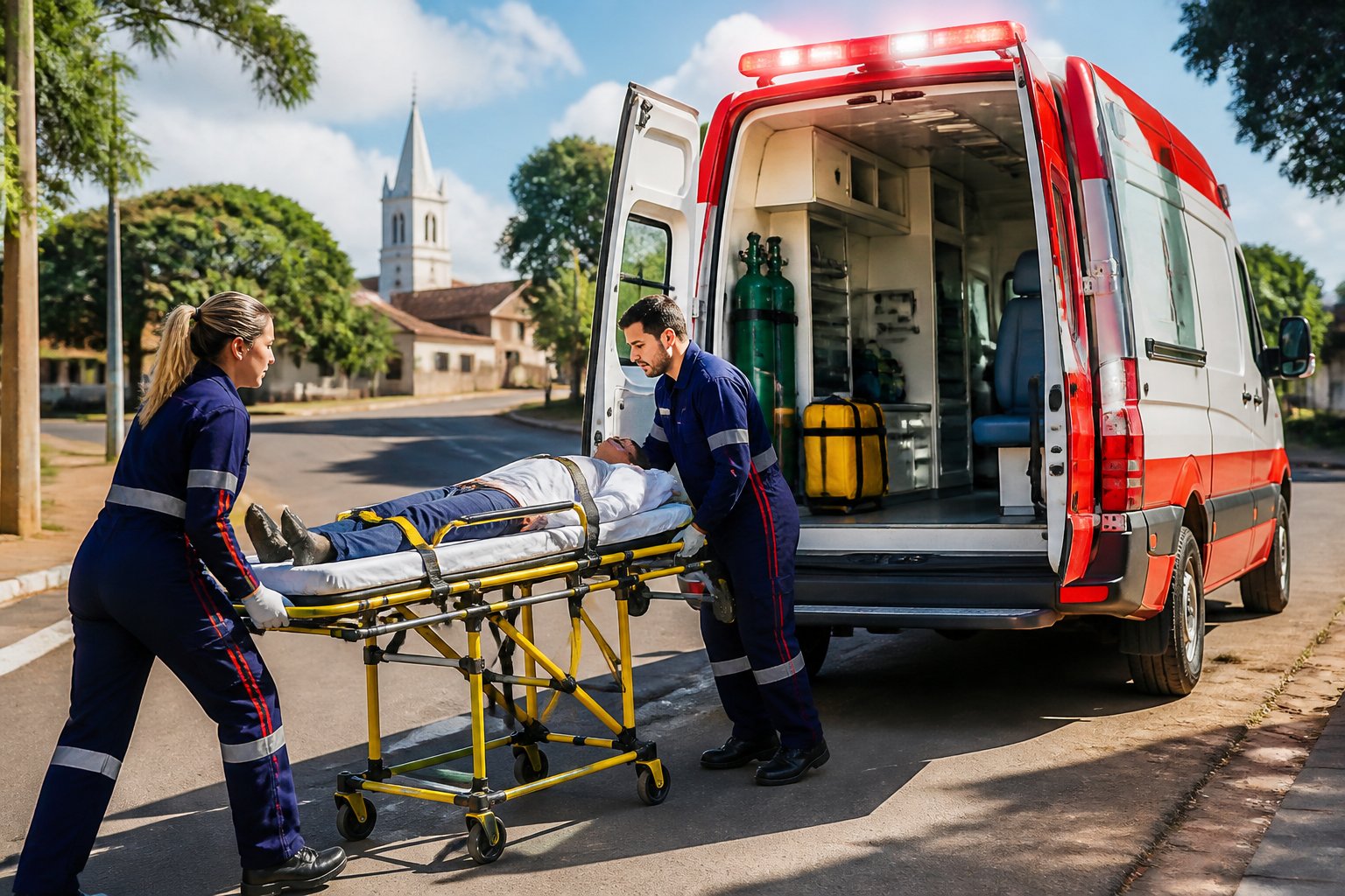 Ambulância com paramédicos atendendo uma emergência em uma rua de Imbaú, com casas e árvores ao fundo.