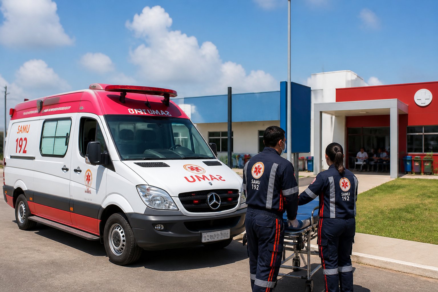 Ambulância do SAMU estacionada em frente a uma unidade de saúde e centro de urgência em Imbaú, com profissionais de saúde próximos.