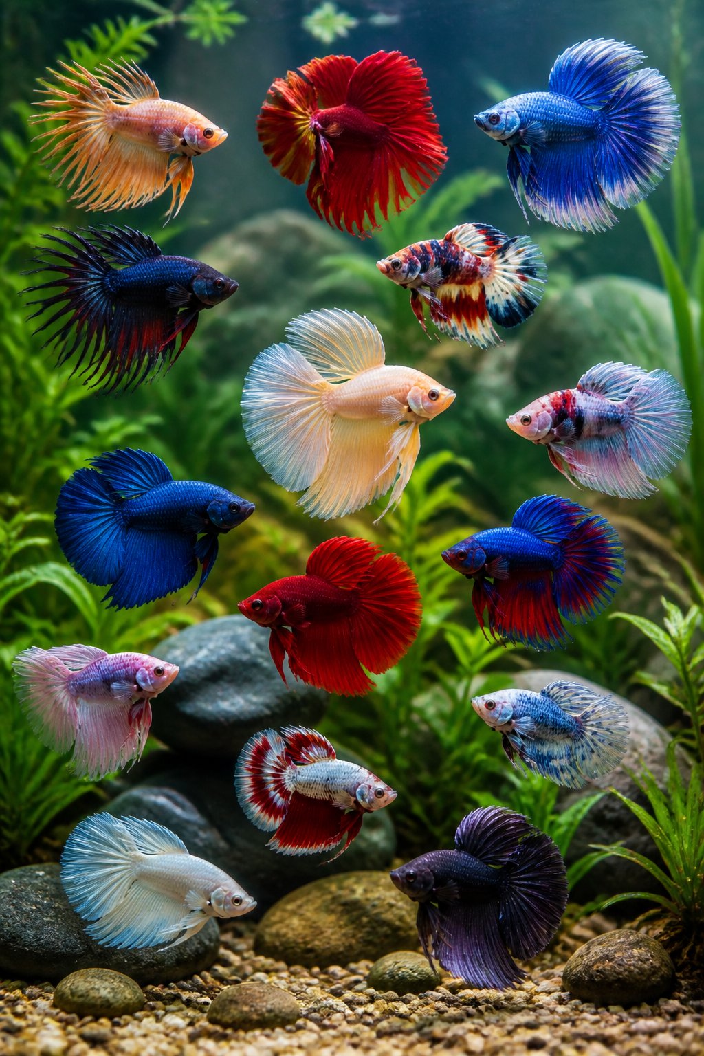 14 Types of Betta Fish You'll Actually See for Sale 3 A well-lit freshwater aquarium with multiple colorful betta fish in jewel tones of red, blue, and purple swimming among dense green aquatic plants and smooth river stones.