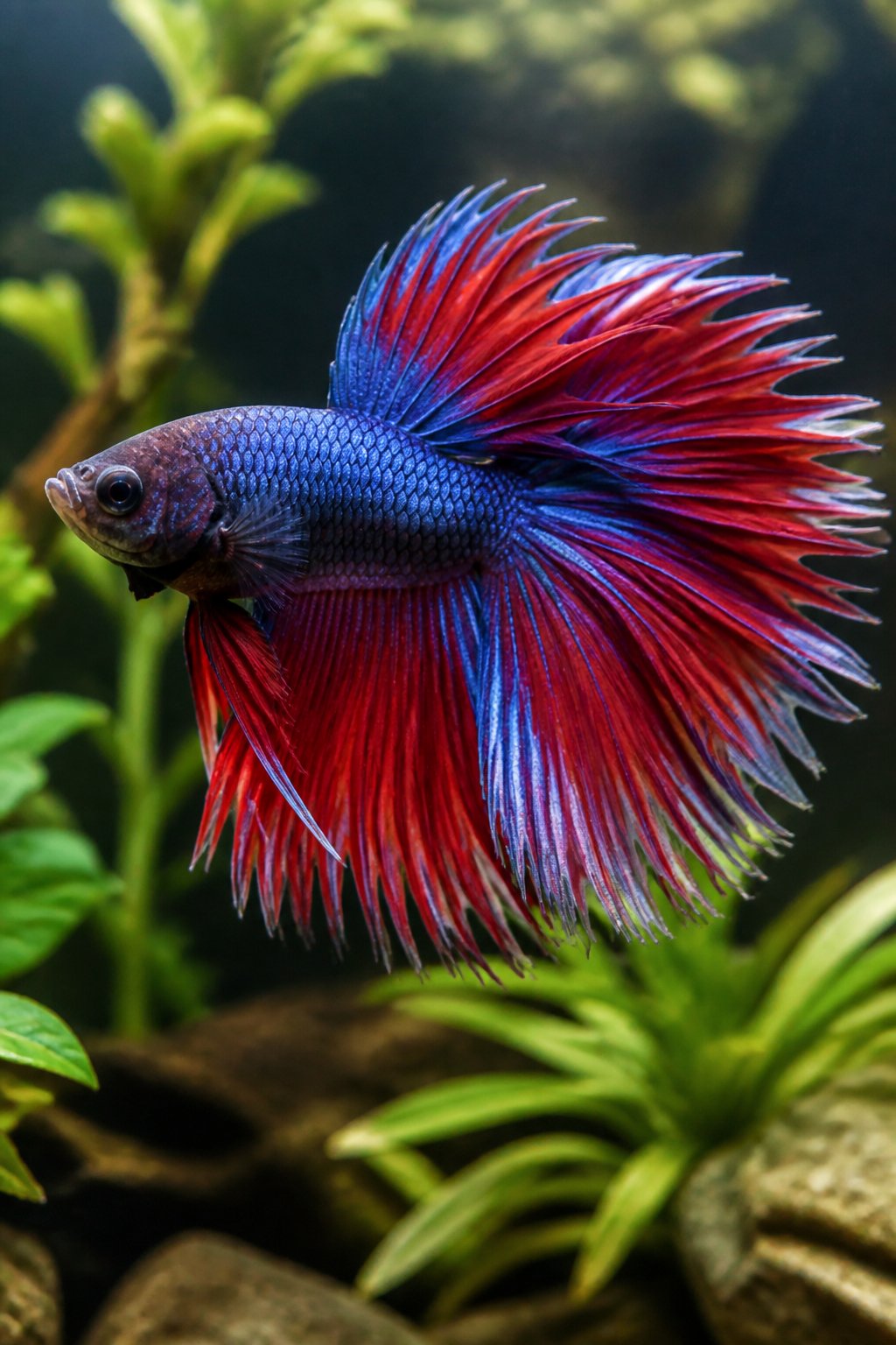 14 Types of Betta Fish You'll Actually See for Sale 4 A deep blue and red veil tail betta fish with long, softly trailing fins drifting through a planted aquarium with broad green leaves in the background.