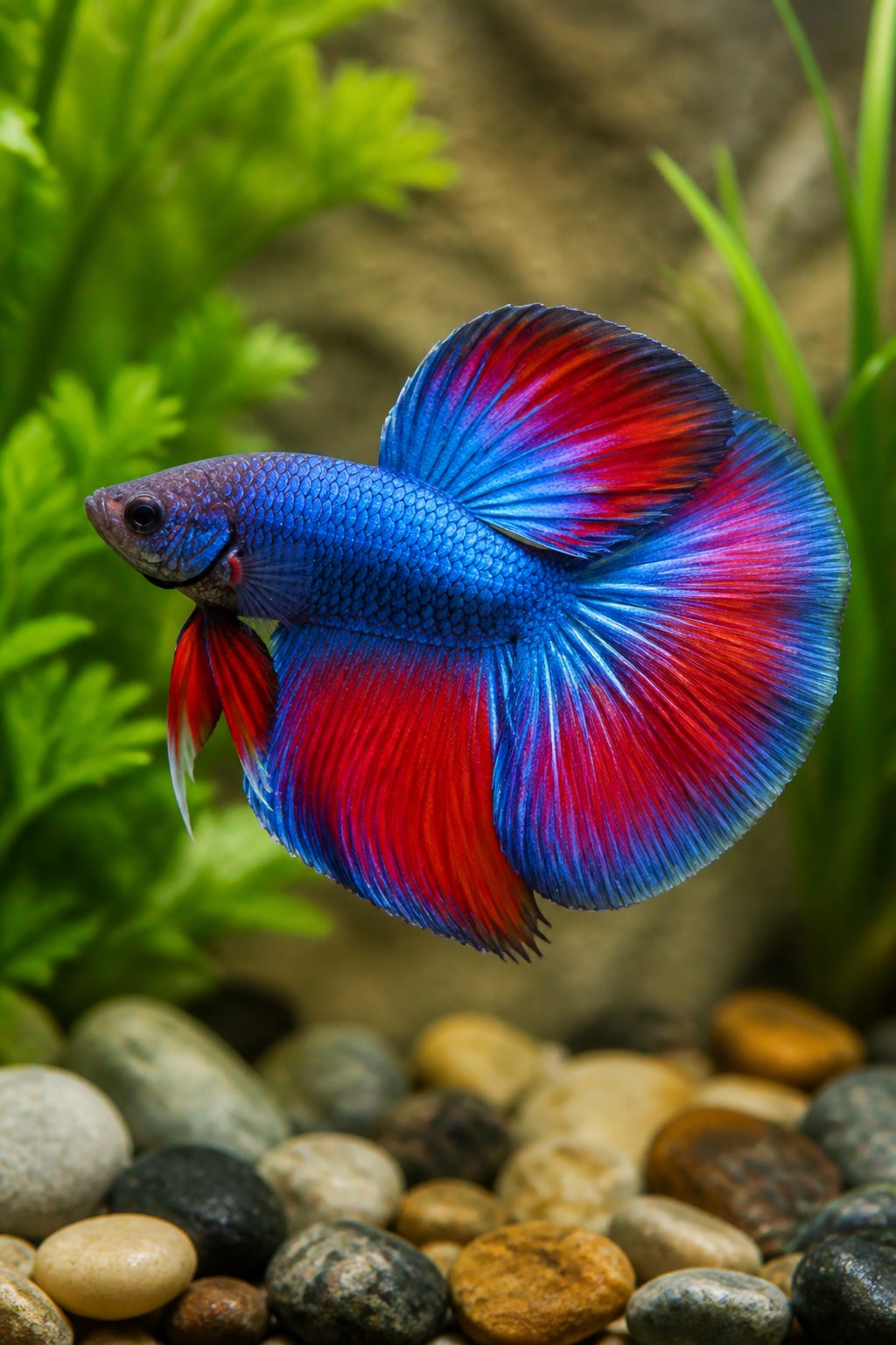 14 Types of Betta Fish You'll Actually See for Sale 8 A bright teal and purple delta tail betta fish with a wide, triangular tail spread flat and even, swimming above smooth tan pebbles with green plants visible behind.