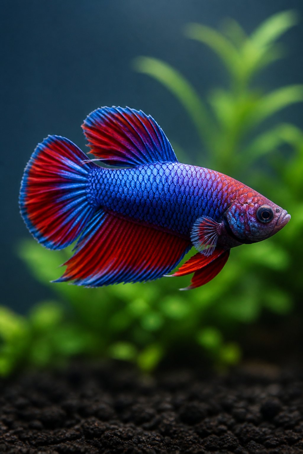 14 Types of Betta Fish You'll Actually See for Sale 9 A compact, vivid green and red plakat betta fish with short rounded fins darting close to the substrate near smooth driftwood and low green aquatic plants.