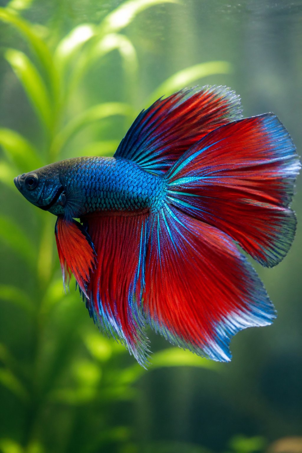 14 Types of Betta Fish You'll Actually See for Sale 11 A blue and white double tail betta fish with a distinctly split caudal fin carried wide and high, surrounded by softly lit green aquatic plant stems.