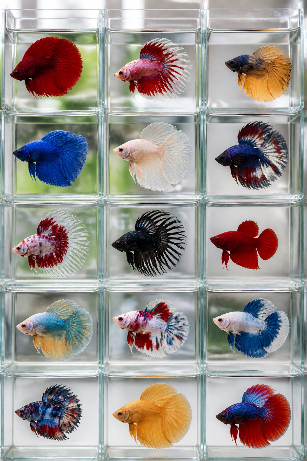 14 Types of Betta Fish You'll Actually See for Sale 12 Multiple betta fish in individual clear containers displaying ruffled, petal-like fin edges in deep red, pink, and blue tones under bright lighting.