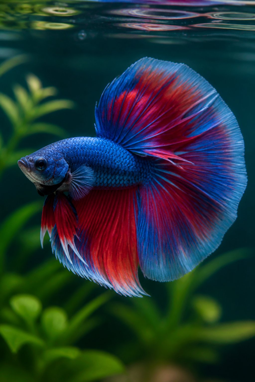 14 Types of Betta Fish You'll Actually See for Sale 14 A vivid red and blue halfmoon plakat betta fish with short but wide-spreading fins flared open, swimming near broad aquatic plant leaves in a clear planted tank.