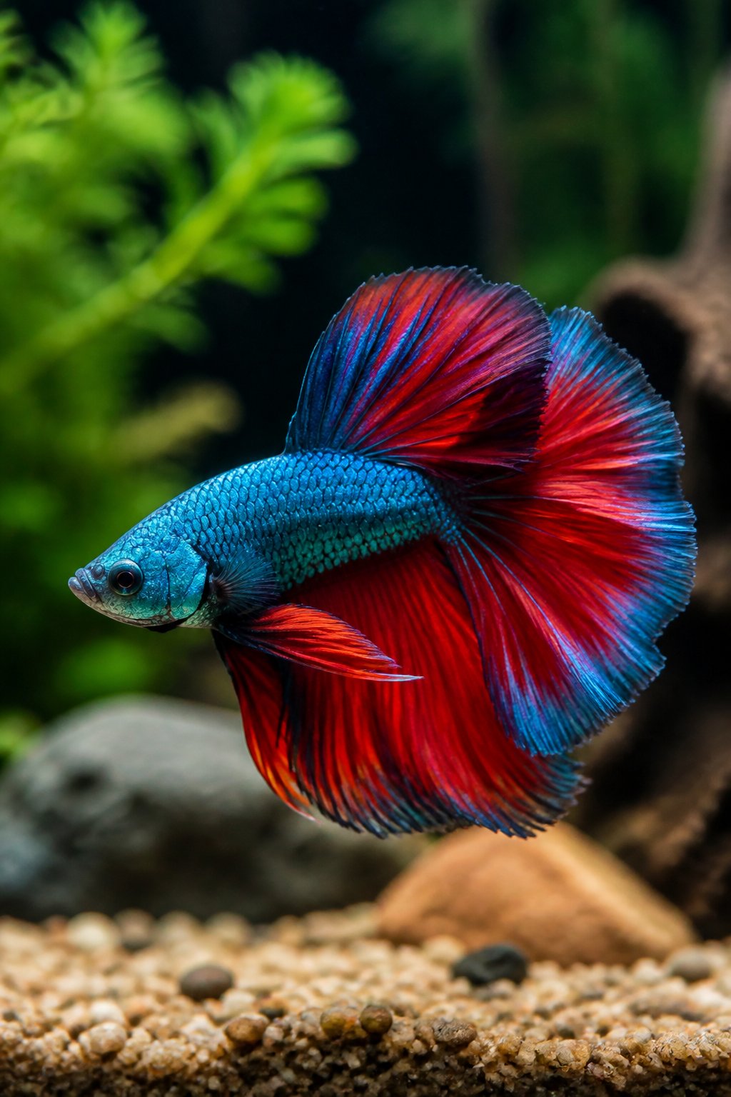 14 Types of Betta Fish You'll Actually See for Sale 15 A pale flesh-toned Cambodian betta fish with soft orange-red fins in medium length, swimming calmly through a planted aquarium with broad green leaves visible.