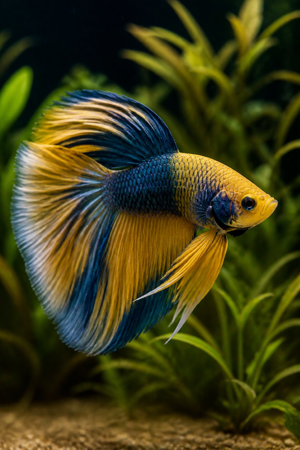 14 Types of Betta Fish You'll Actually See for Sale 16 A yellow-bodied mustard gas betta fish with smoky dark-edged fins, swimming slowly through a planted tank with broad green Anubias leaves in the background.