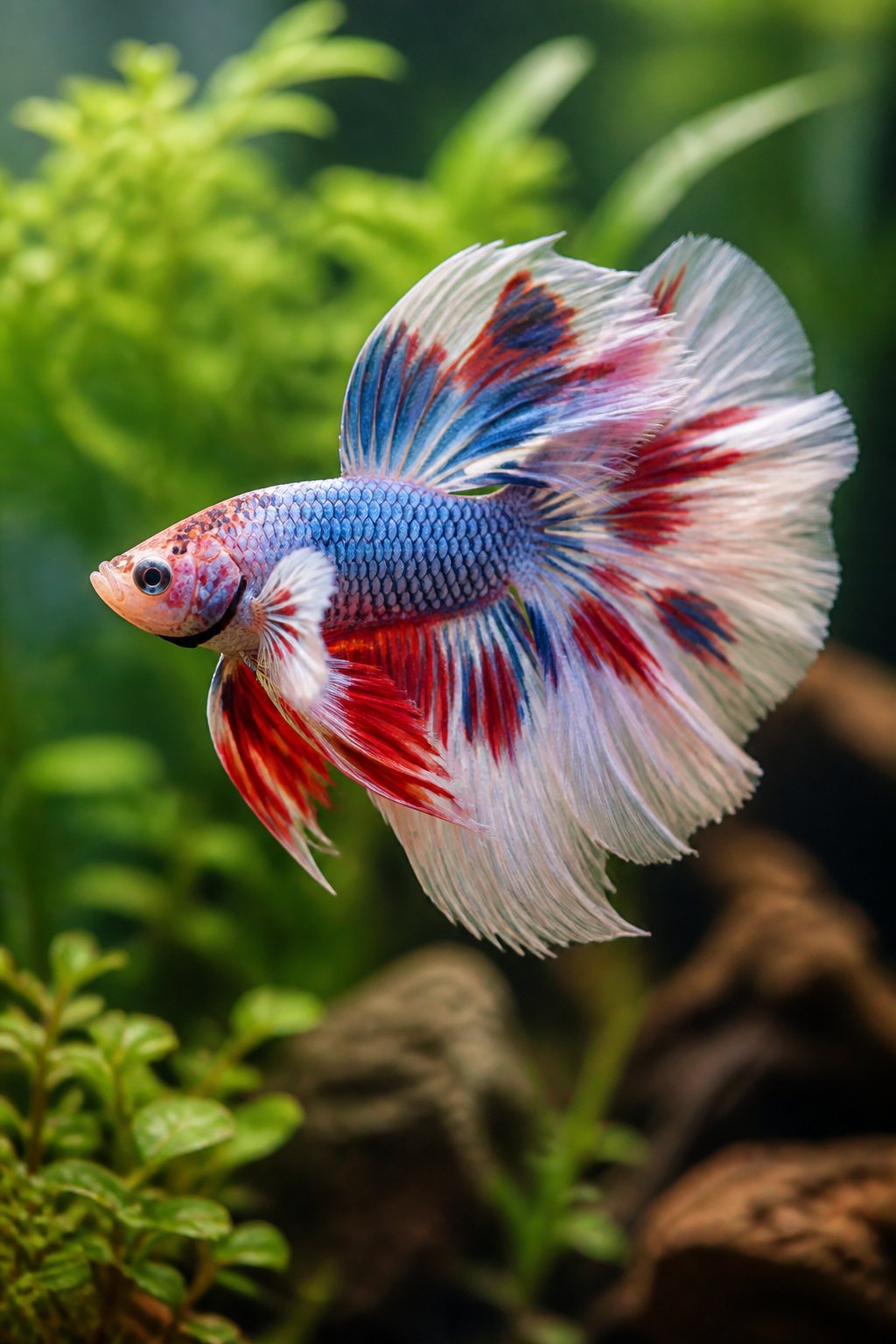 14 Types of Betta Fish You'll Actually See for Sale 19 A butterfly betta fish with a solid blue-violet body and broad fins banded in pale translucent white at the edges, drifting slowly through a lightly planted clear aquarium.