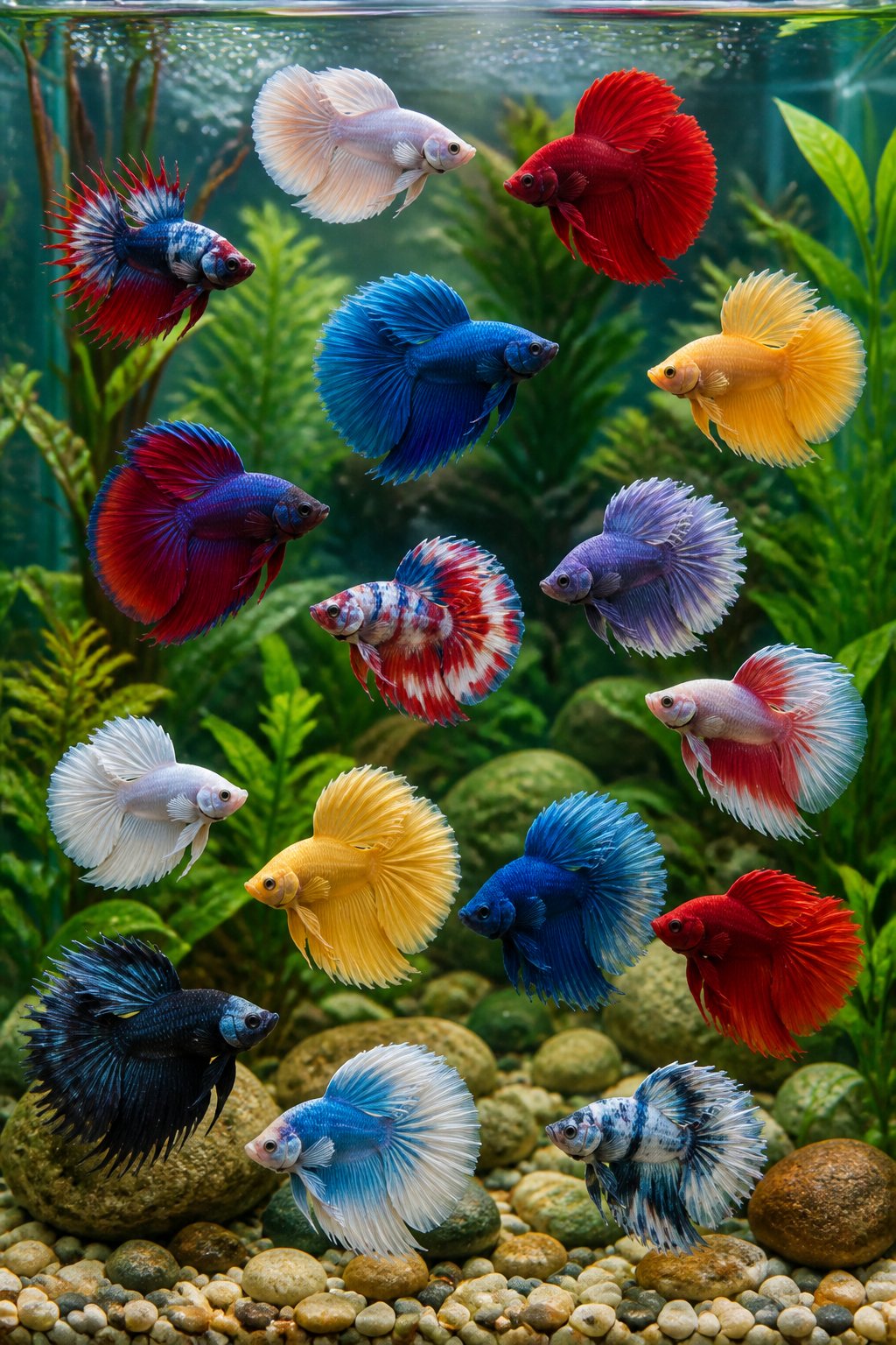14 Types of Betta Fish You'll Actually See for Sale 20 A wide freshwater aquarium viewed from the front, showing multiple colorful betta fish in jewel tones moving among dense green aquatic plants and smooth gray pebbles.