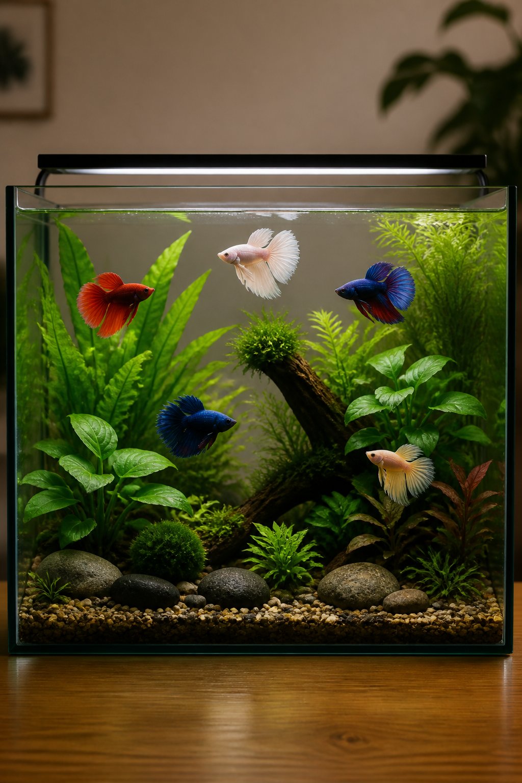 14 Types of Betta Fish You'll Actually See for Sale 21 A freshwater planted aquarium with lush broad-leafed green plants, smooth river stones, and pieces of natural driftwood arranged around a central open swimming space.