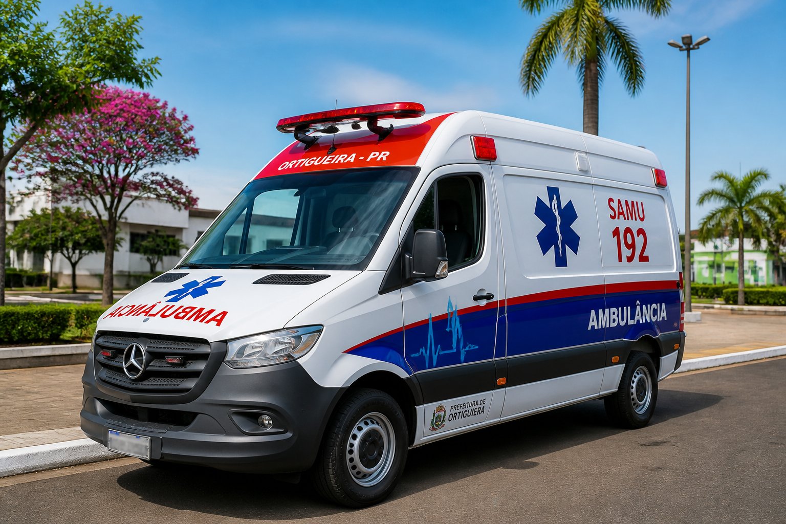 Uma ambulância moderna branca com marcações vermelhas e azuis estacionada em uma rua urbana limpa em Ortigueira, com árvores e prédios ao fundo sob céu azul.