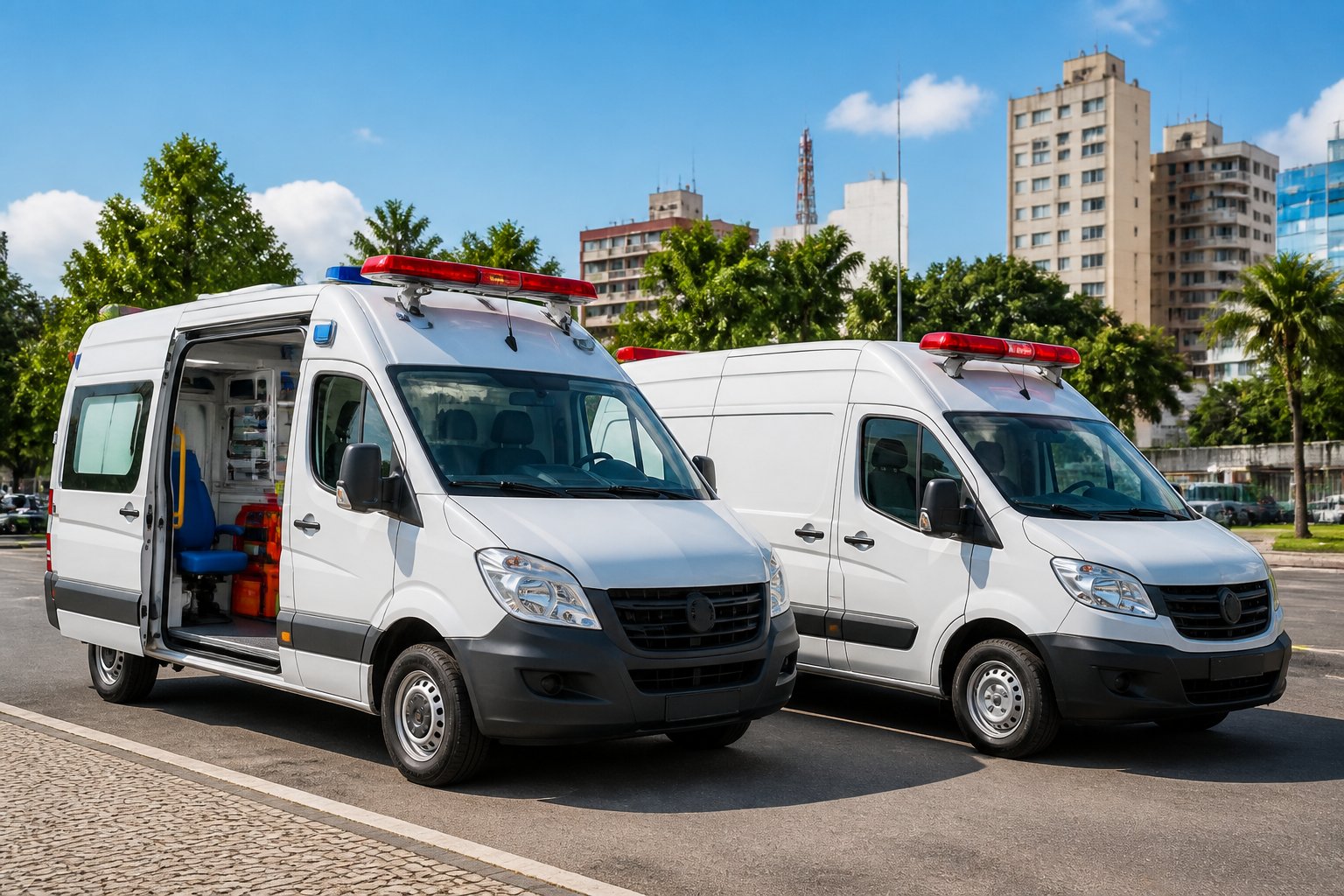 Duas ambulâncias estacionadas lado a lado em uma rua de Ortigueira, uma de suporte avançado e outra de remoção simples, sob céu claro.
