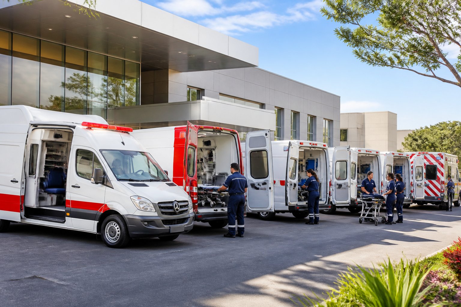 Vários tipos de ambulâncias estacionadas em frente a um hospital moderno em Curiúva, com profissionais de saúde próximos, durante o dia.