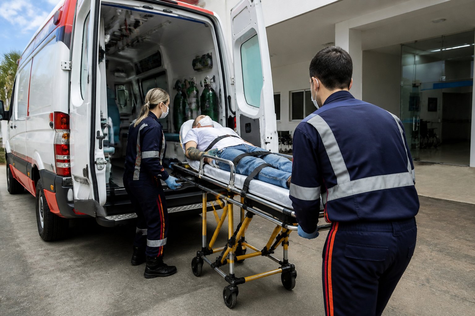 Paramédicos carregando um paciente em uma maca para dentro de uma ambulância em Curiúva durante o dia.